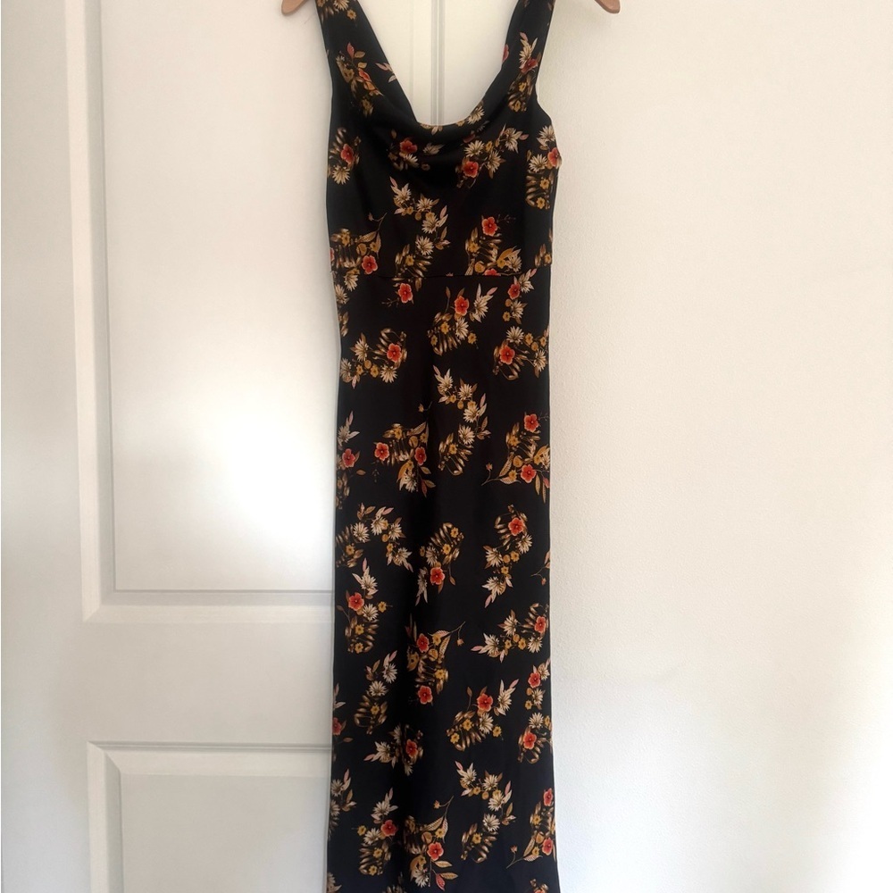 Emory Park women’s cowl neck black floral print satin midi  dress size small